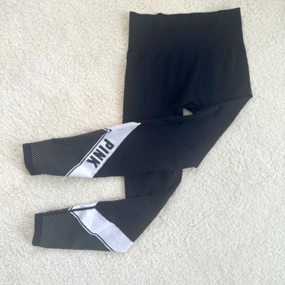 Pink Victoria's Secret Cool & Comfy Black and White Stripe Logo Leggings Size M